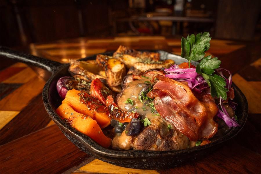 A cast iron skillet served in the dining room